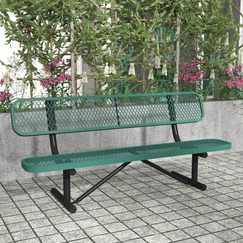 6' Commercial Grade Expanded Metal Bench with Backrest for up to 3 Adults, Green. Picture 3
