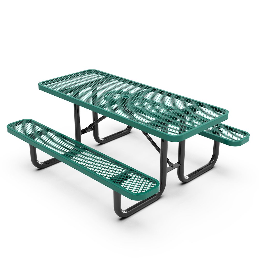 6' Rectangular Outdoor Picnic Table with Green Expanded Metal Mesh Top and Seats. Picture 1