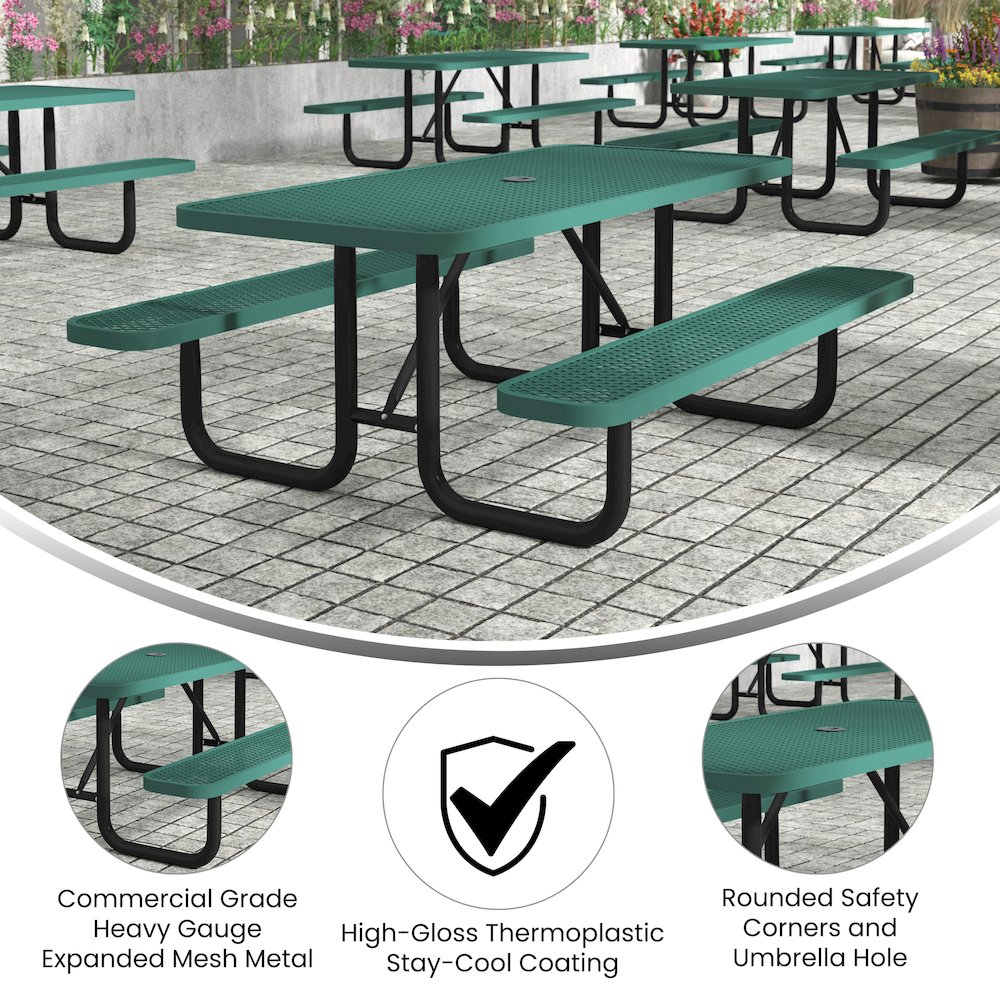 6' Rectangular Outdoor Picnic Table with Green Expanded Metal Mesh Top and Seats. Picture 4