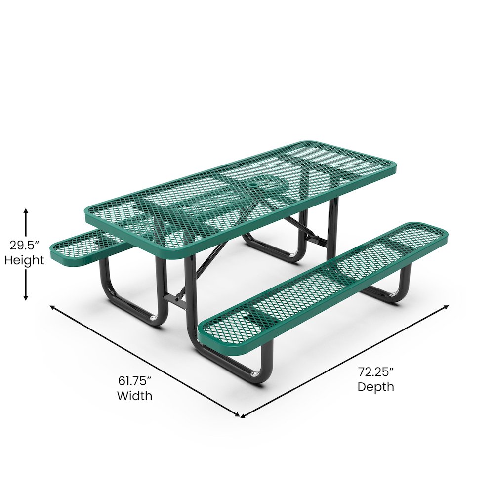 6' Rectangular Outdoor Picnic Table with Green Expanded Metal Mesh Top and Seats. Picture 5