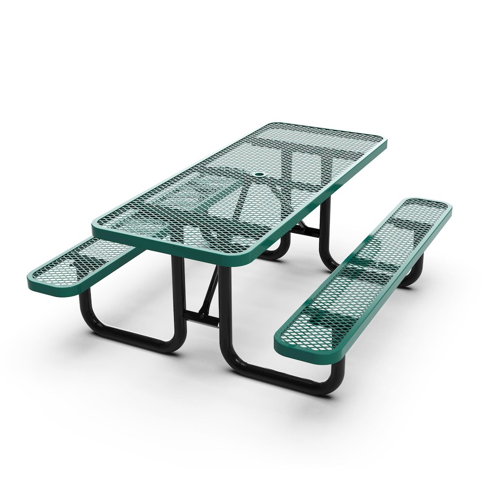 6' Rectangular Outdoor Picnic Table with Green Expanded Metal Mesh Top and Seats. Picture 11