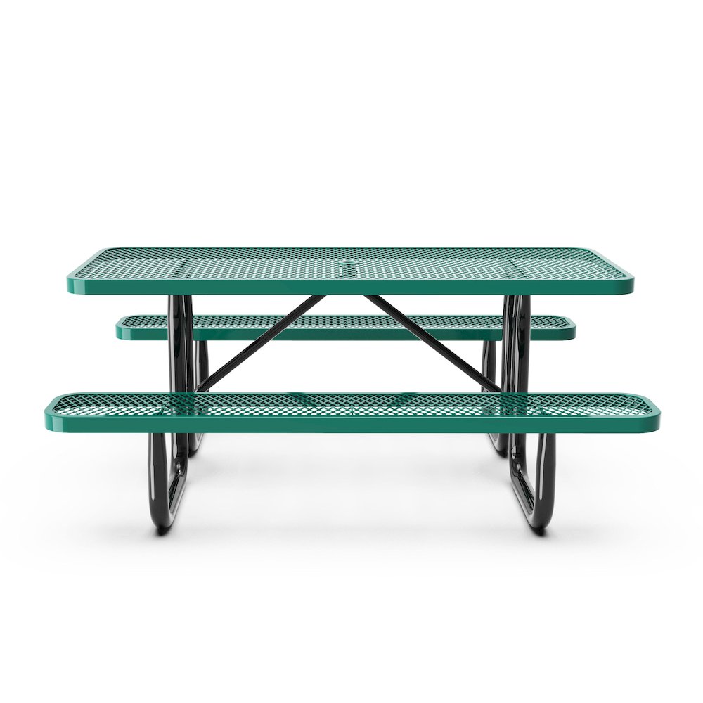 6' Rectangular Outdoor Picnic Table with Green Expanded Metal Mesh Top and Seats. Picture 8