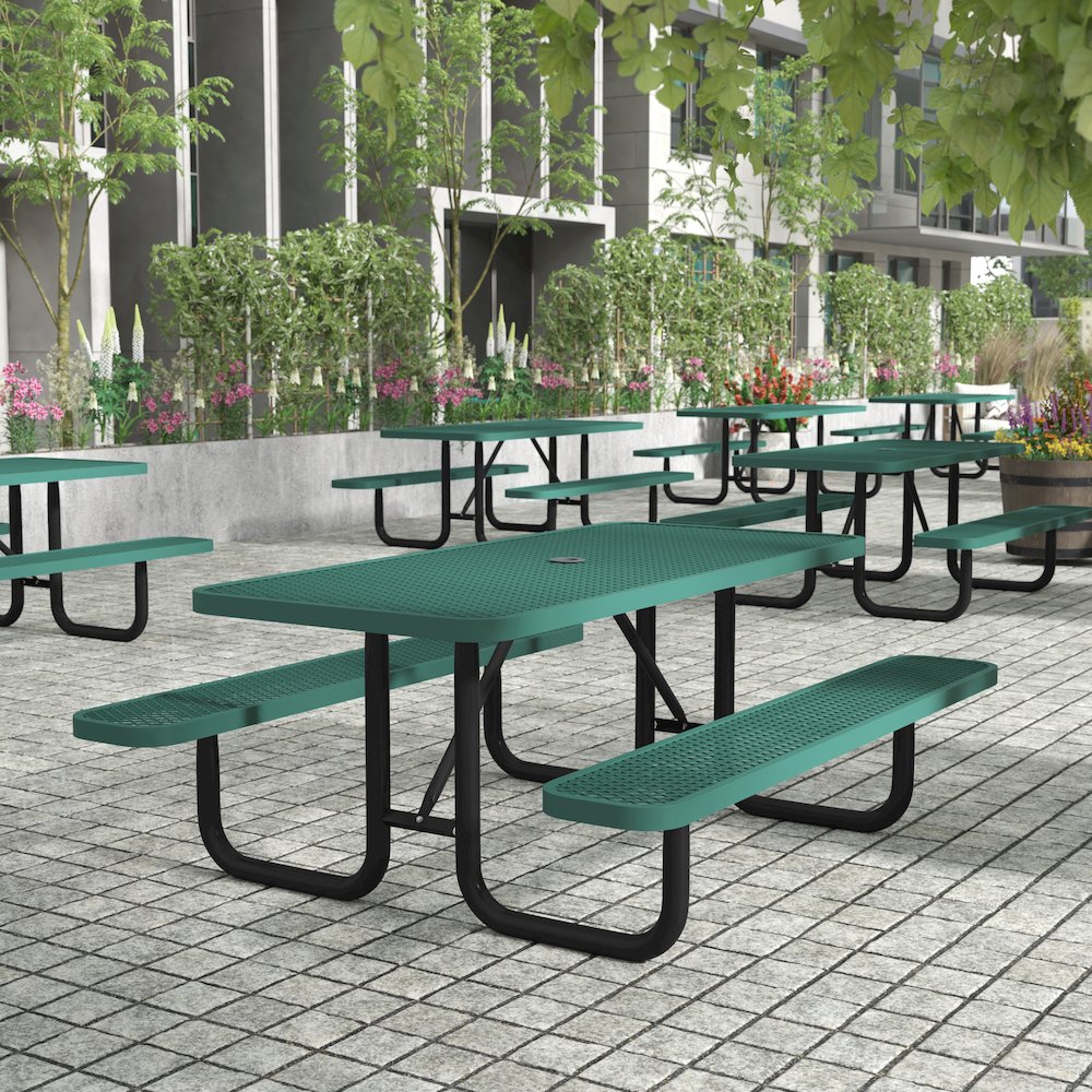 6' Rectangular Outdoor Picnic Table with Green Expanded Metal Mesh Top and Seats. Picture 3