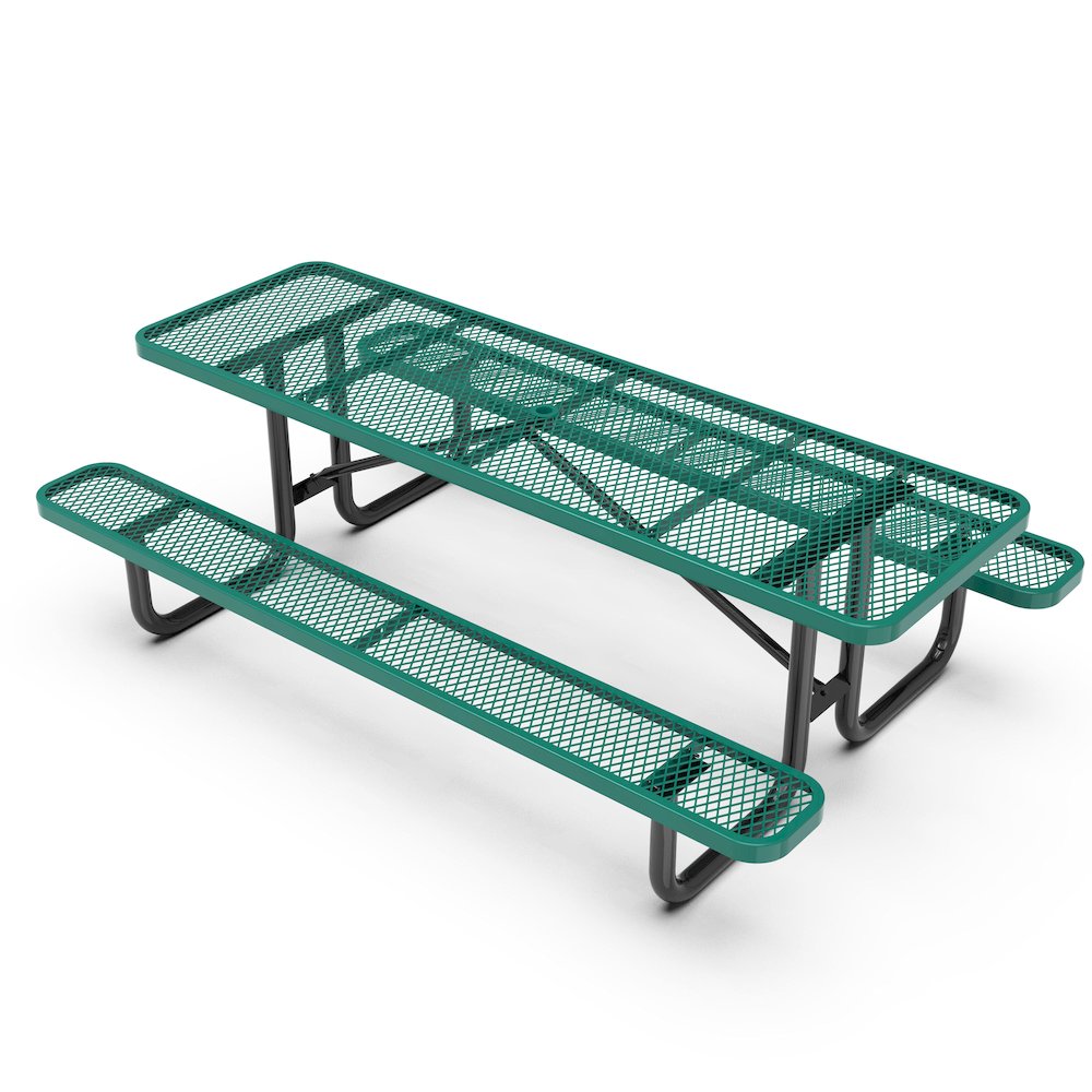8' Rectangular Outdoor Picnic Table with Green Expanded Metal Mesh Top and Seats. Picture 1