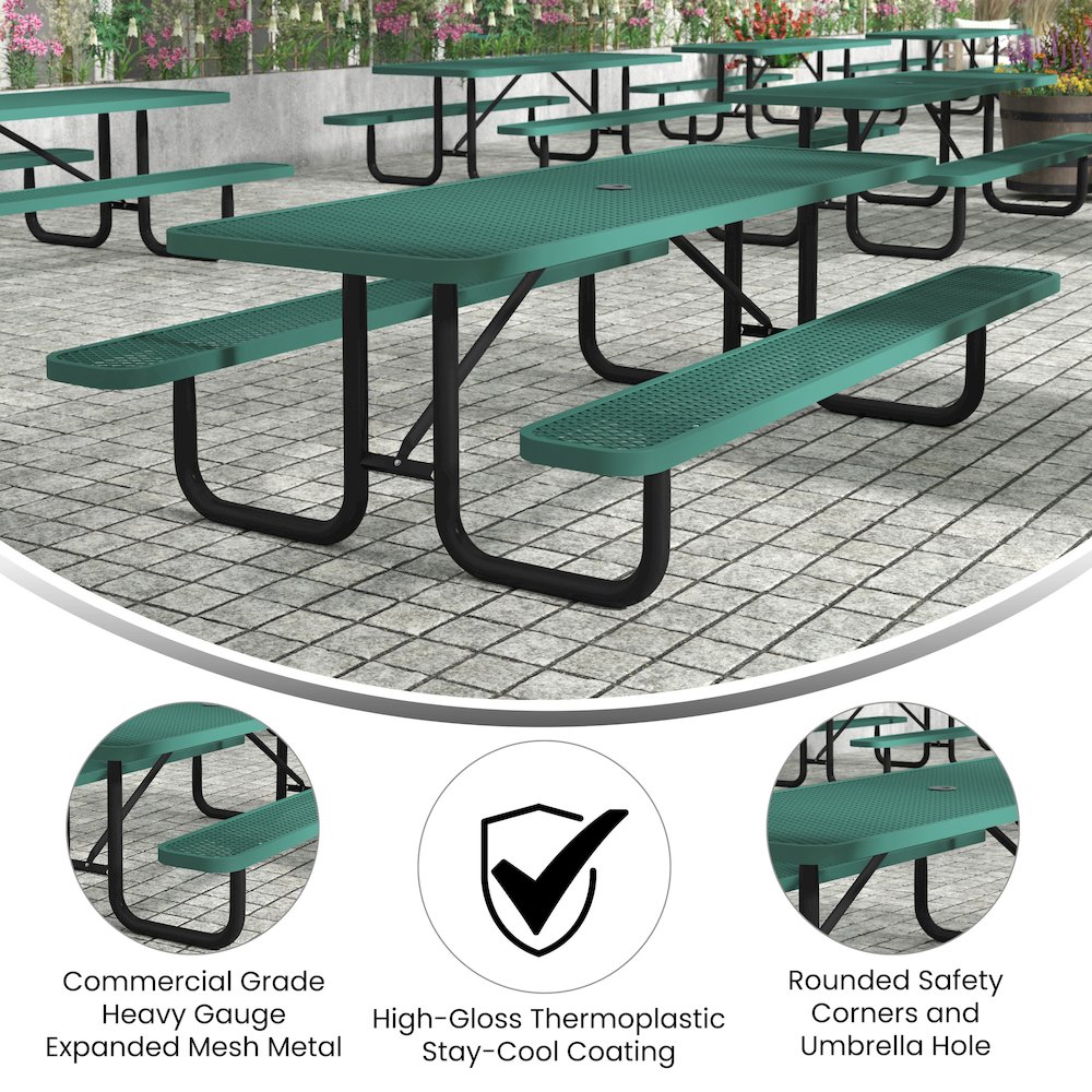 8' Rectangular Outdoor Picnic Table with Green Expanded Metal Mesh Top and Seats. Picture 4