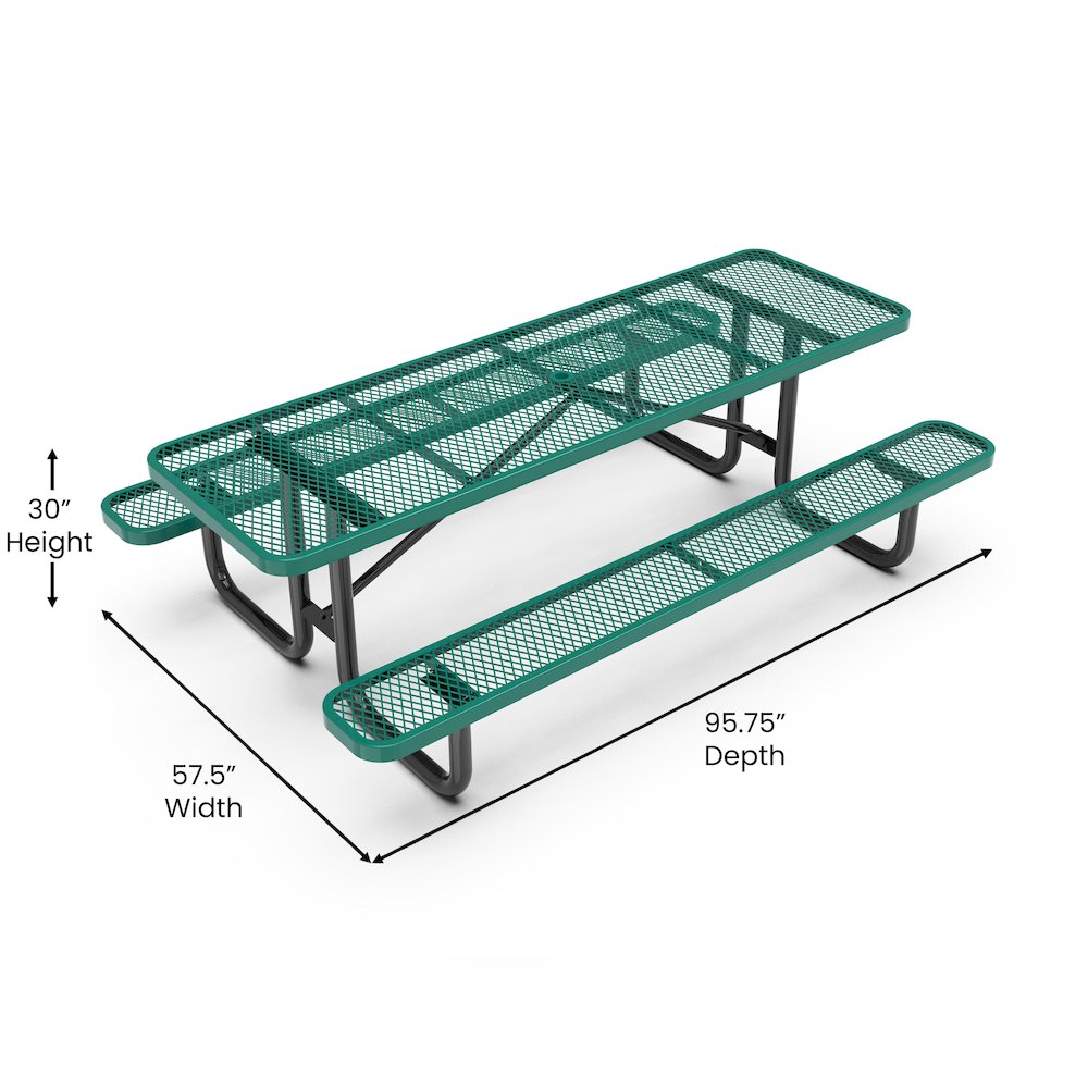 8' Rectangular Outdoor Picnic Table with Green Expanded Metal Mesh Top and Seats. Picture 5