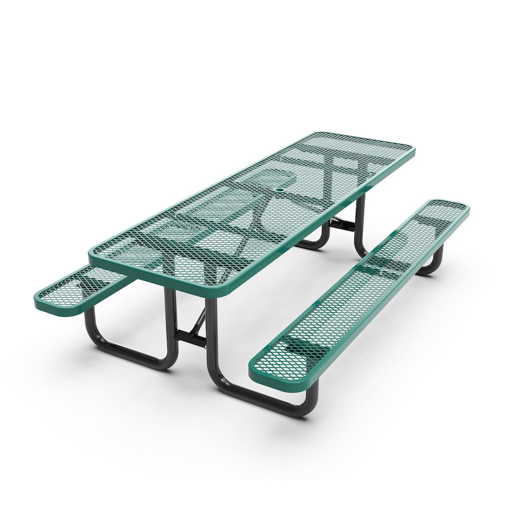8' Rectangular Outdoor Picnic Table with Green Expanded Metal Mesh Top and Seats. Picture 11