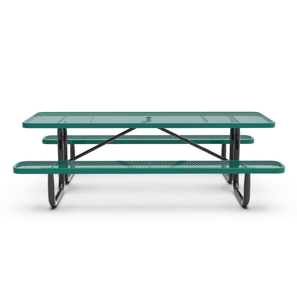 8' Rectangular Outdoor Picnic Table with Green Expanded Metal Mesh Top and Seats. Picture 8