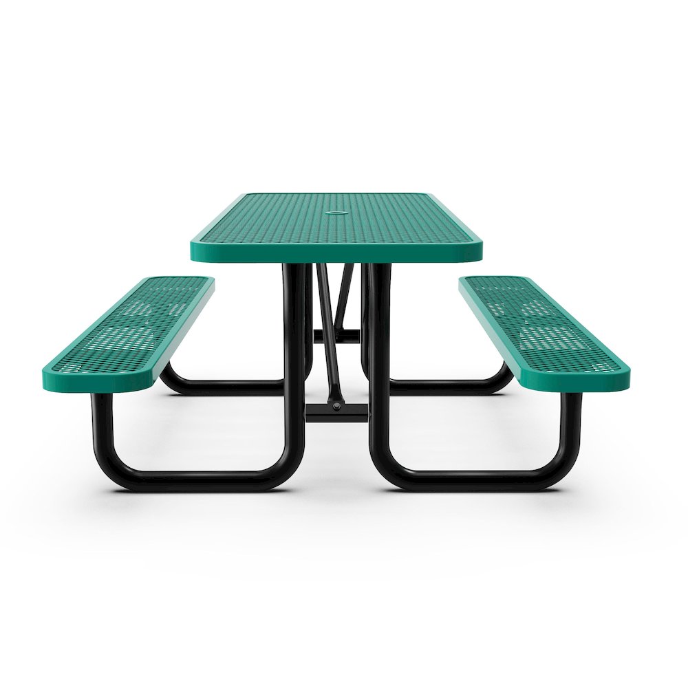 8' Rectangular Outdoor Picnic Table with Green Expanded Metal Mesh Top and Seats. Picture 7