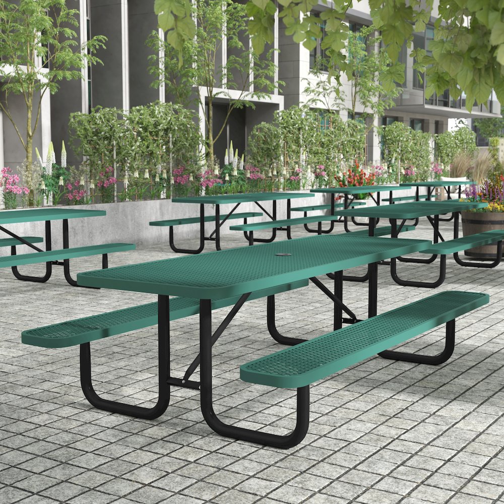 8' Rectangular Outdoor Picnic Table with Green Expanded Metal Mesh Top and Seats. Picture 3