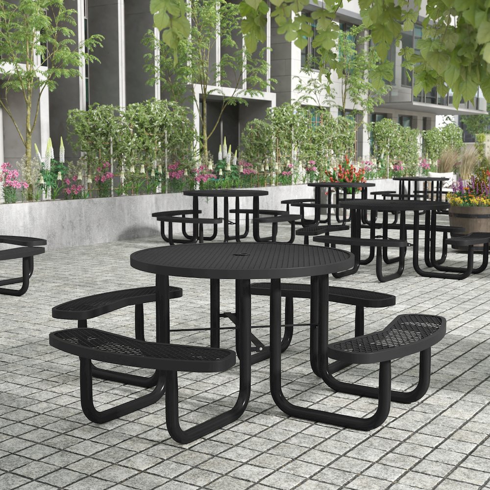 46" Round Outdoor Picnic Table, Commercial Heavy Gauge Expanded Metal Mesh Seats. Picture 3