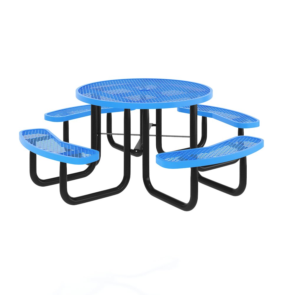 46" Round Outdoor Picnic Table with Heavy Gauge Expanded Metal Mesh Seats, Blue. Picture 1
