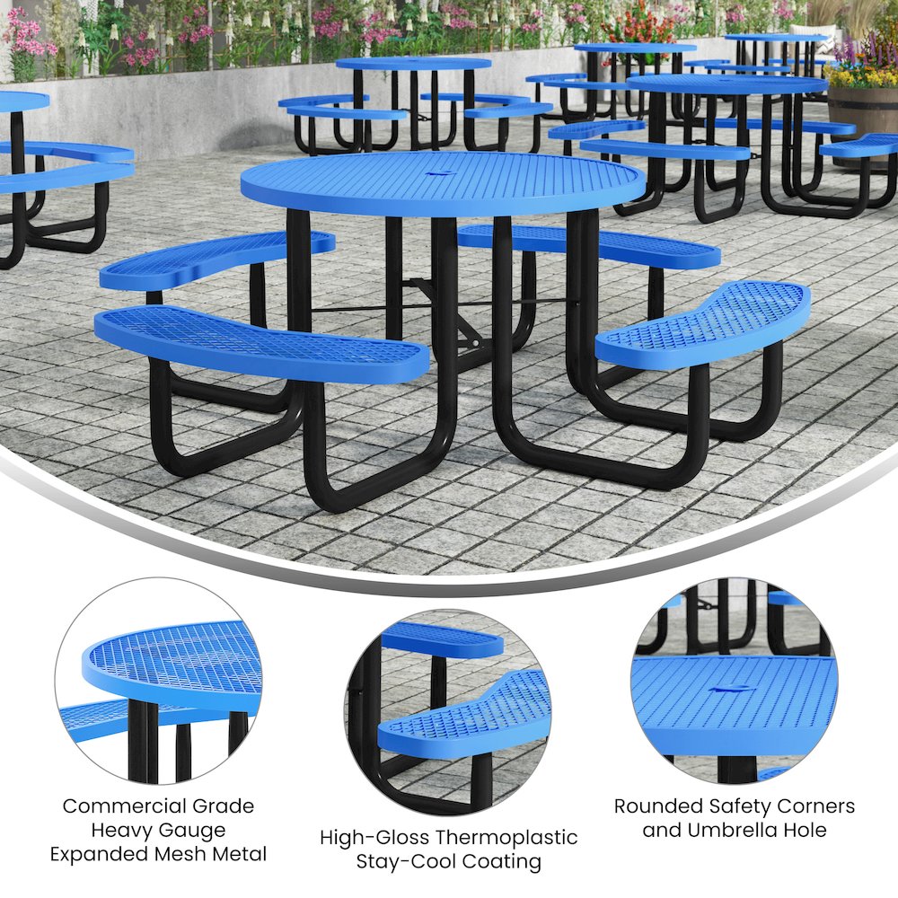 46" Round Outdoor Picnic Table with Heavy Gauge Expanded Metal Mesh Seats, Blue. Picture 2