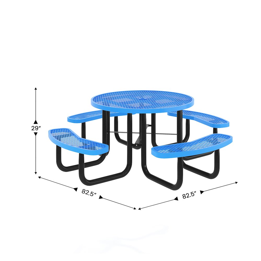 46" Round Outdoor Picnic Table with Heavy Gauge Expanded Metal Mesh Seats, Blue. Picture 4