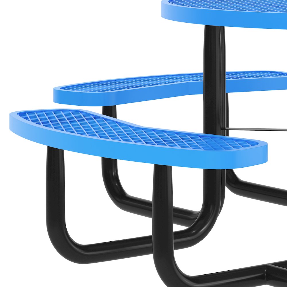 46" Round Outdoor Picnic Table with Heavy Gauge Expanded Metal Mesh Seats, Blue. Picture 5