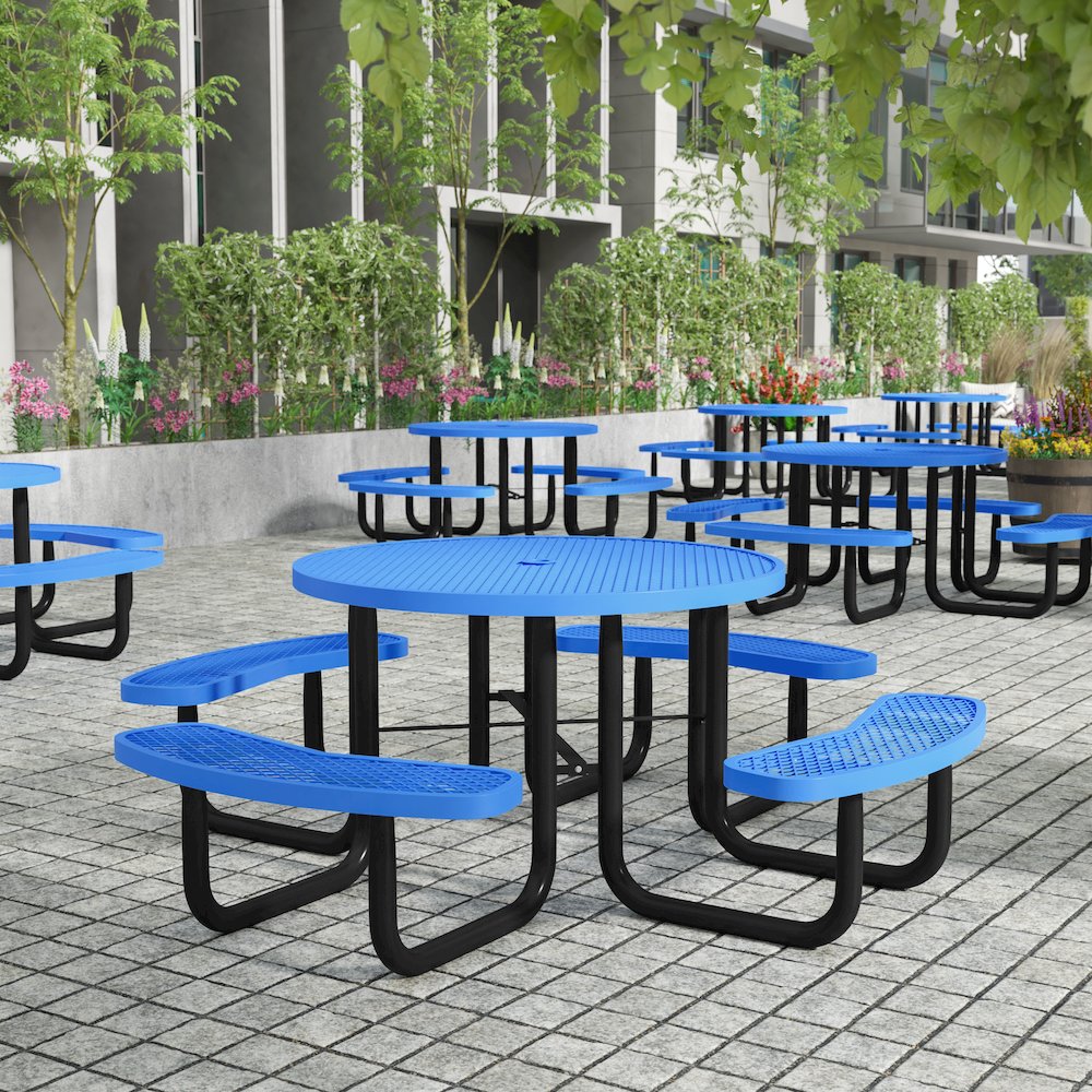 46" Round Outdoor Picnic Table with Heavy Gauge Expanded Metal Mesh Seats, Blue. Picture 3