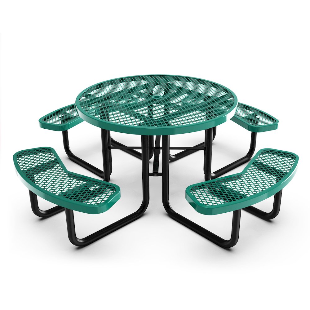 46" Round Outdoor Picnic Table with Green Expanded Metal Mesh Top and Seats. Picture 1