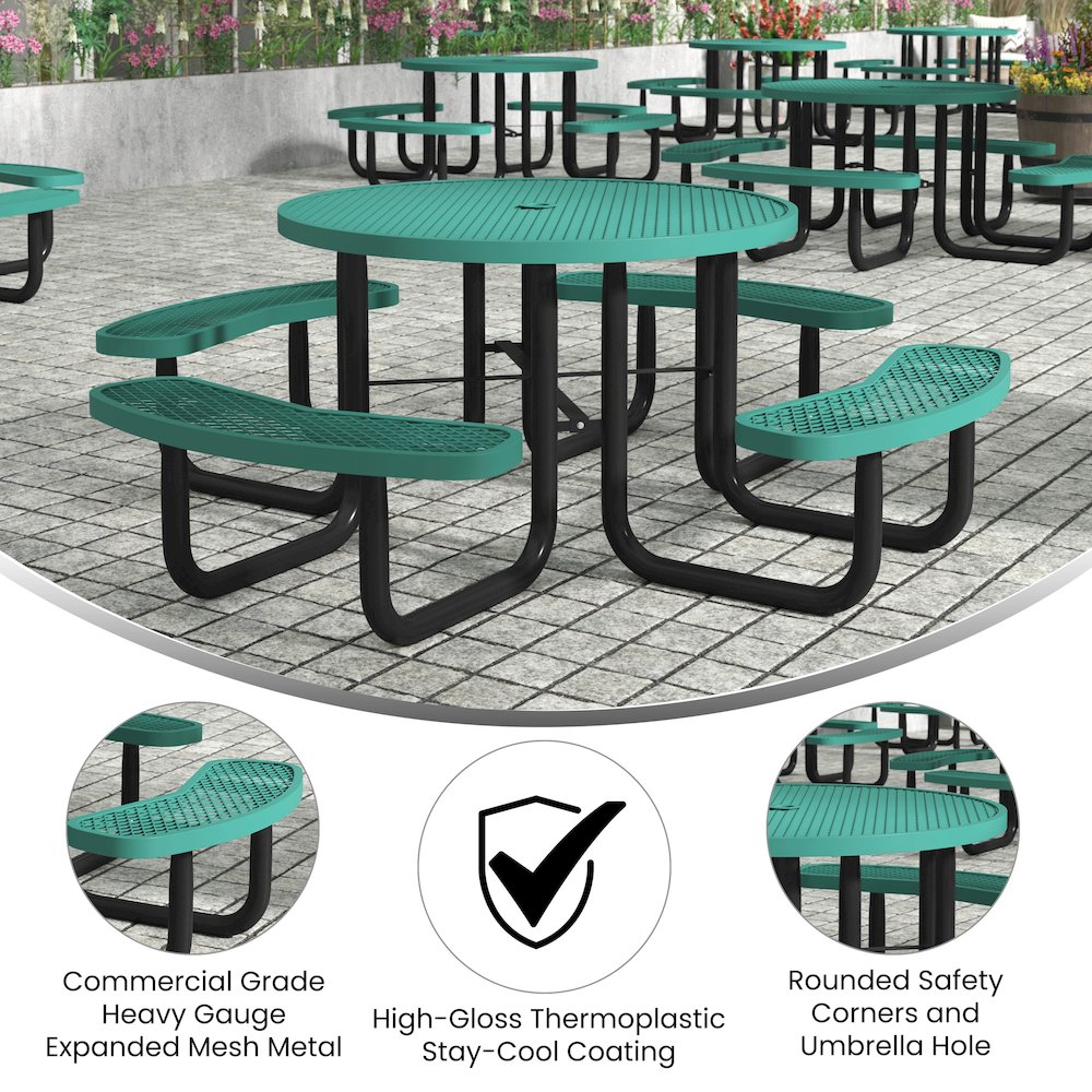 46" Round Outdoor Picnic Table with Green Expanded Metal Mesh Top and Seats. Picture 4