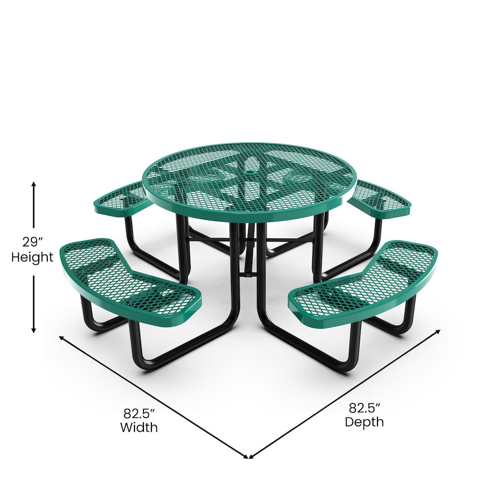 46" Round Outdoor Picnic Table with Green Expanded Metal Mesh Top and Seats. Picture 5