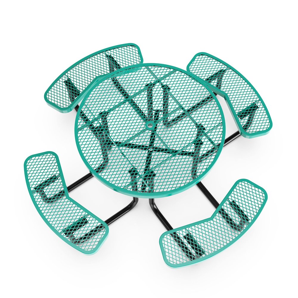 46" Round Outdoor Picnic Table with Green Expanded Metal Mesh Top and Seats. Picture 6