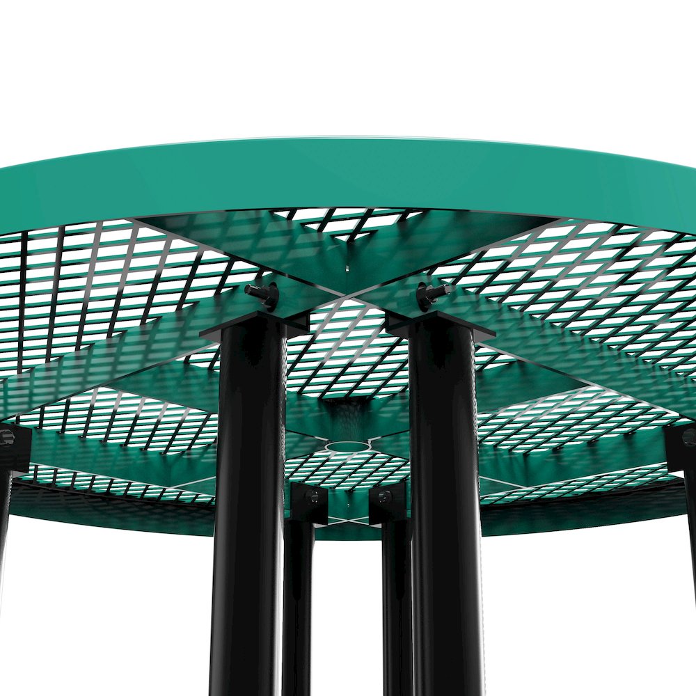 46" Round Outdoor Picnic Table with Green Expanded Metal Mesh Top and Seats. Picture 10