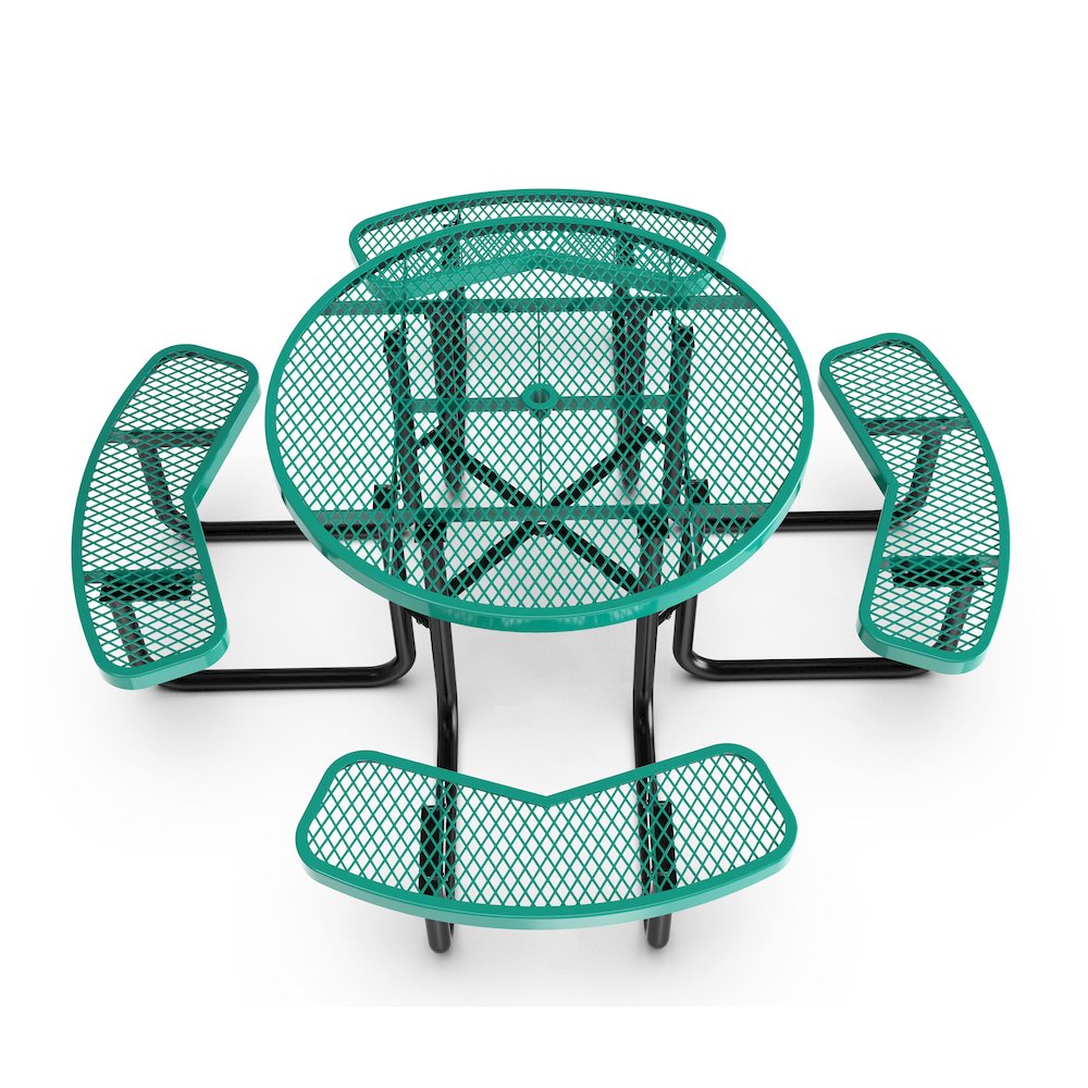 46" Round Outdoor Picnic Table with Green Expanded Metal Mesh Top and Seats. Picture 8
