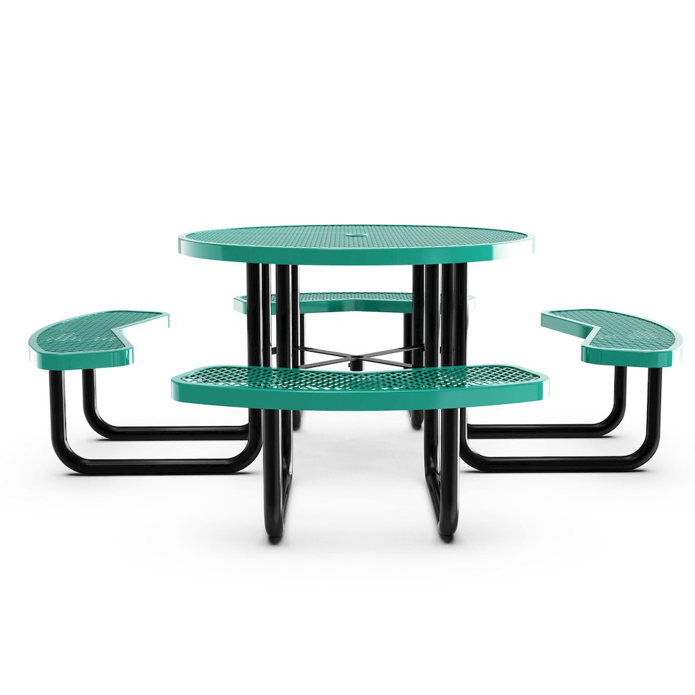 46" Round Outdoor Picnic Table with Green Expanded Metal Mesh Top and Seats. Picture 7