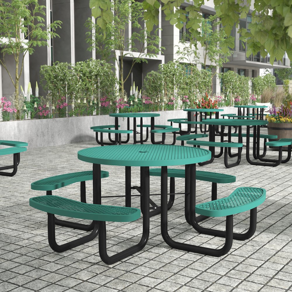 46" Round Outdoor Picnic Table with Green Expanded Metal Mesh Top and Seats. Picture 3