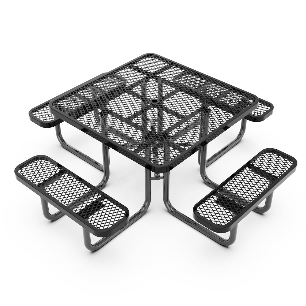 46" Square Outdoor Picnic Table with Expanded Metal Mesh Top and Seats, Black. Picture 1