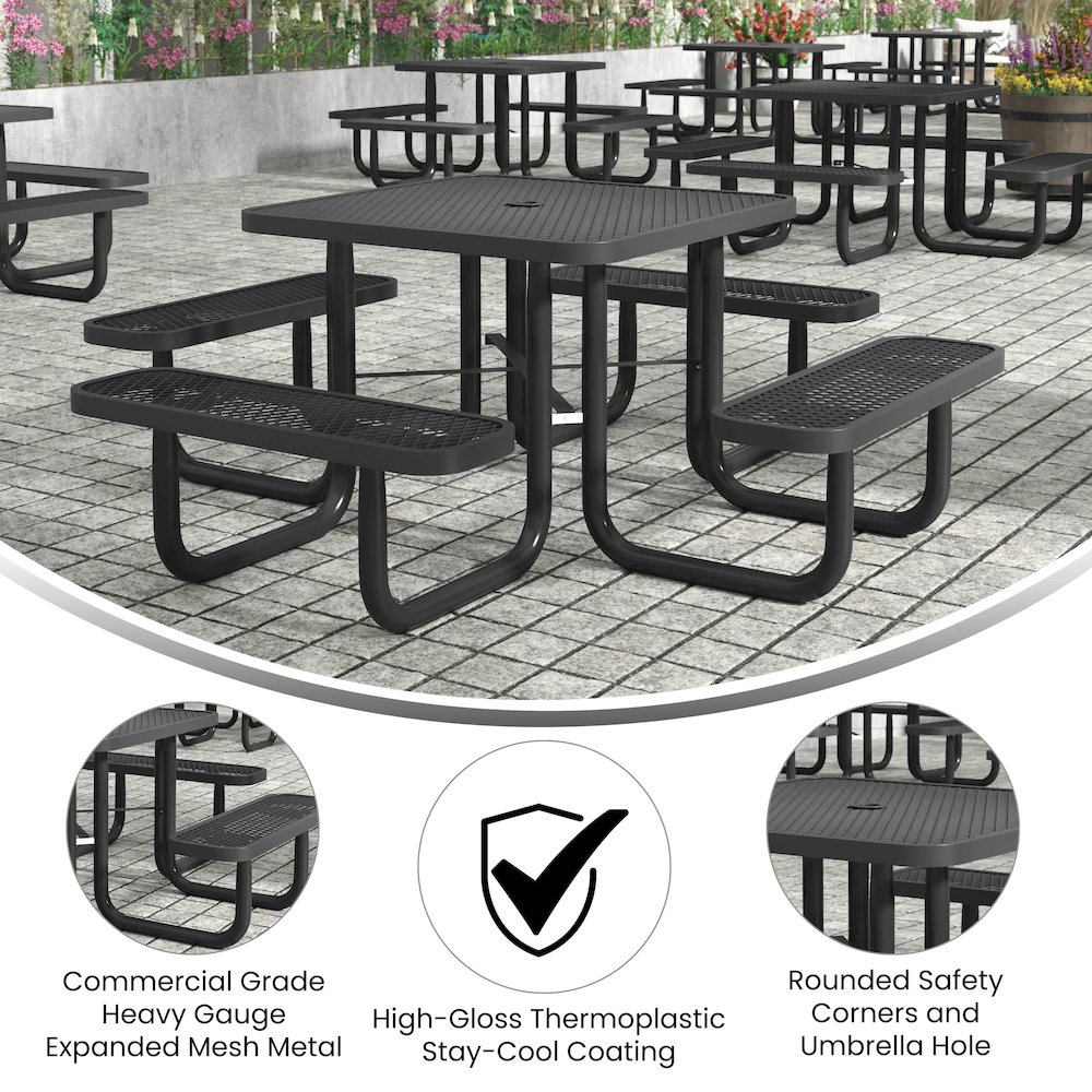 46" Square Outdoor Picnic Table with Expanded Metal Mesh Top and Seats, Black. Picture 4