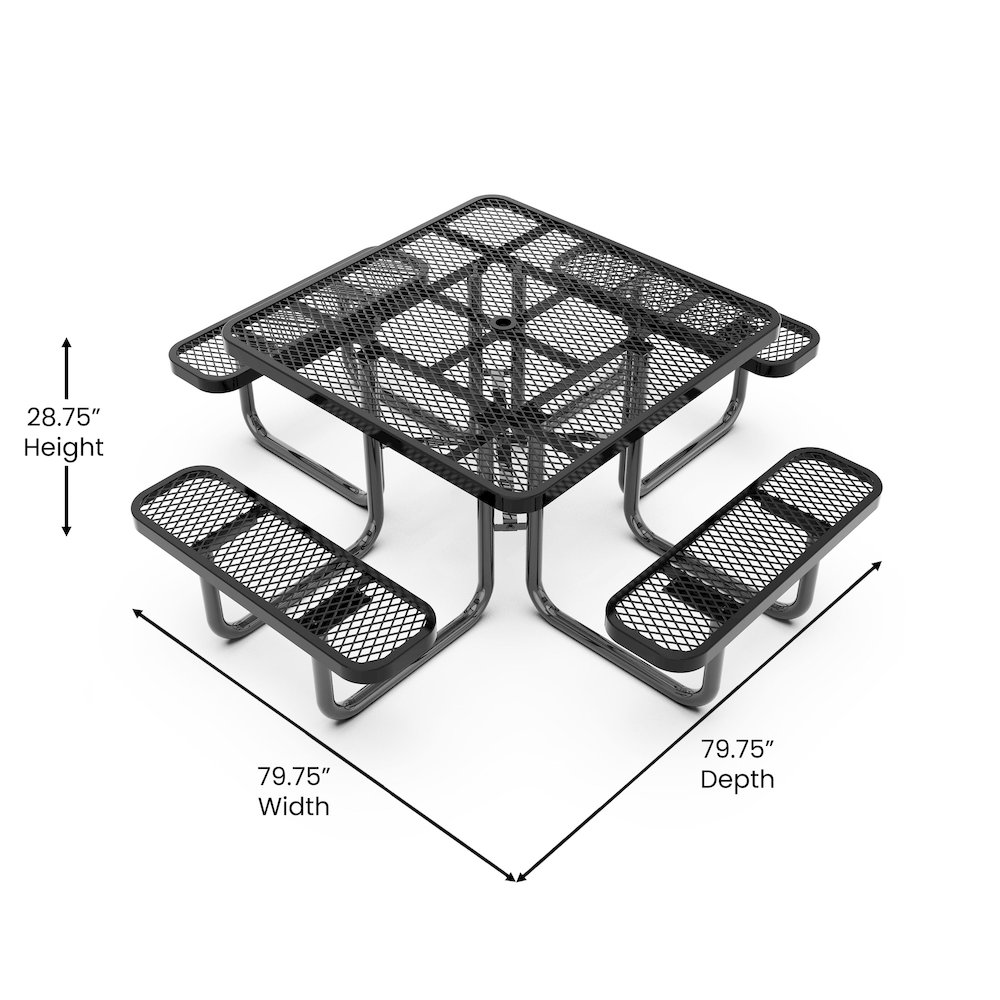 46" Square Outdoor Picnic Table with Expanded Metal Mesh Top and Seats, Black. Picture 5