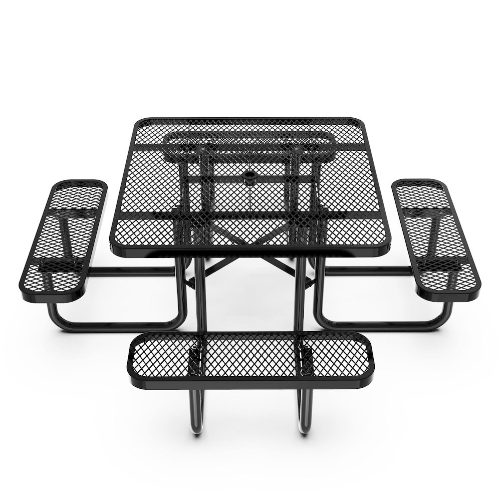 46" Square Outdoor Picnic Table with Expanded Metal Mesh Top and Seats, Black. Picture 11