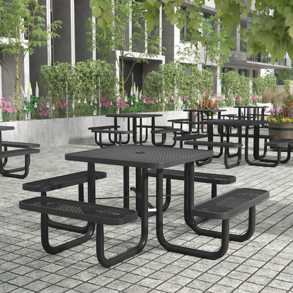 46" Square Outdoor Picnic Table with Expanded Metal Mesh Top and Seats, Black. Picture 3
