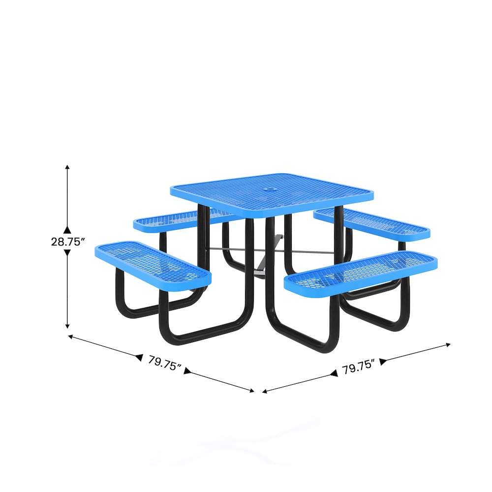46" Square Outdoor Picnic Table with Expanded Metal Mesh Top and Seats, Blue. Picture 4