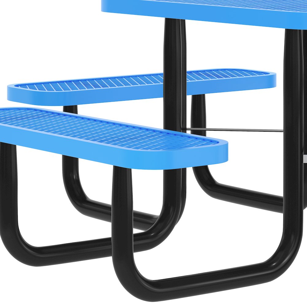 46" Square Outdoor Picnic Table with Expanded Metal Mesh Top and Seats, Blue. Picture 5