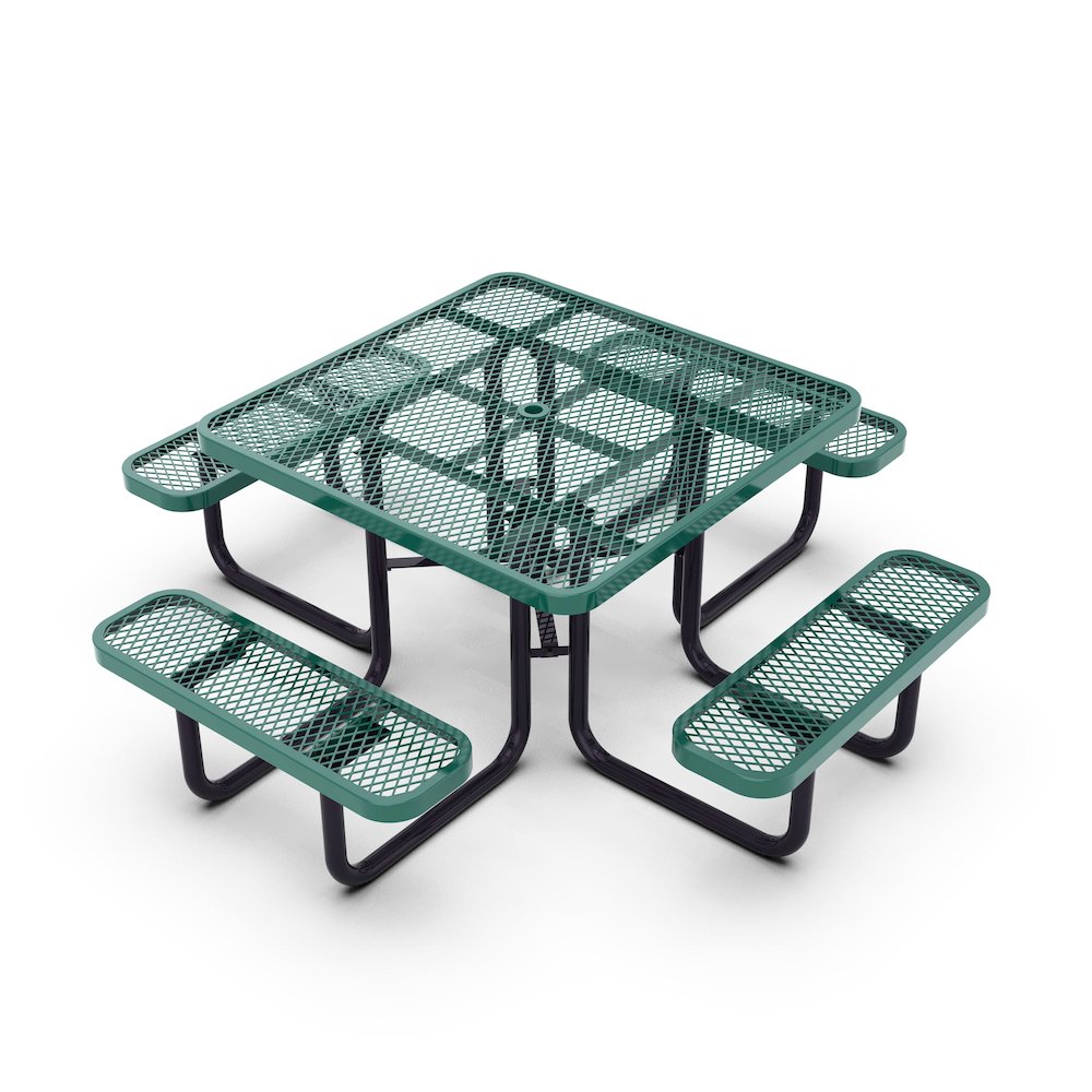 46" Square Outdoor Picnic Table with Green Expanded Metal Mesh Top and Seats. Picture 1