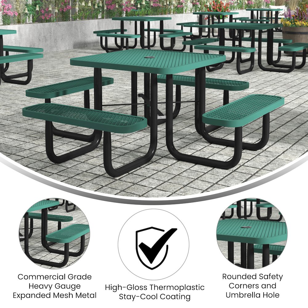 46" Square Outdoor Picnic Table with Green Expanded Metal Mesh Top and Seats. Picture 4