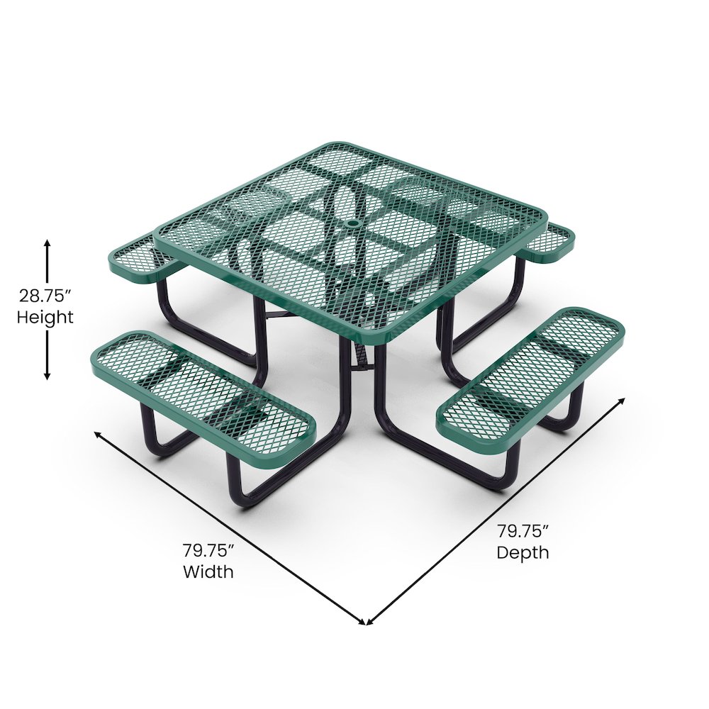 46" Square Outdoor Picnic Table with Green Expanded Metal Mesh Top and Seats. Picture 5