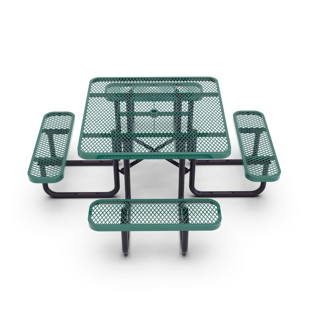 46" Square Outdoor Picnic Table with Green Expanded Metal Mesh Top and Seats. Picture 11