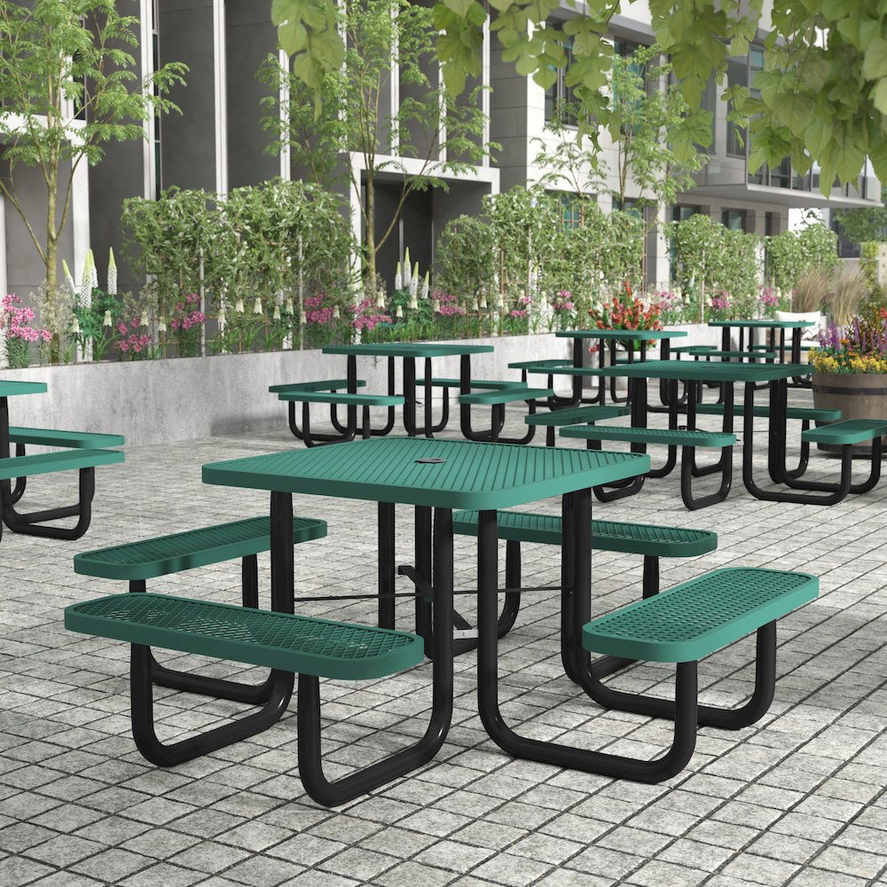 46" Square Outdoor Picnic Table with Green Expanded Metal Mesh Top and Seats. Picture 3