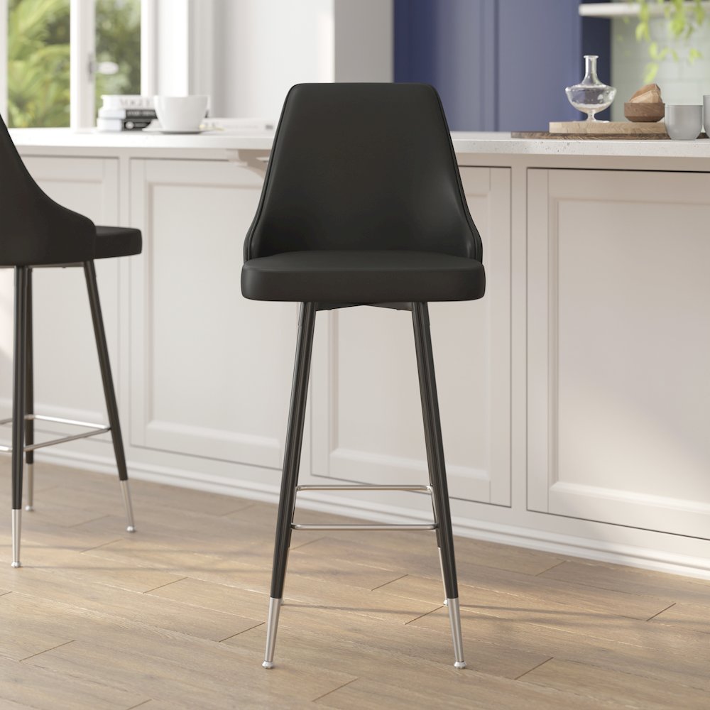 Set of 2 Bar Height Stools with Solid Black Metal Frames, Black. Picture 3