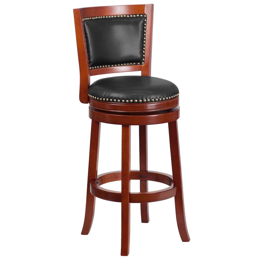 30'' High Dark Cherry Wood Barstool with Open Panel Back and Walnut Swivel Seat. Picture 1