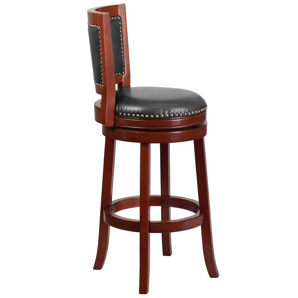 30'' High Dark Cherry Wood Barstool with Open Panel Back and Walnut Swivel Seat. Picture 3