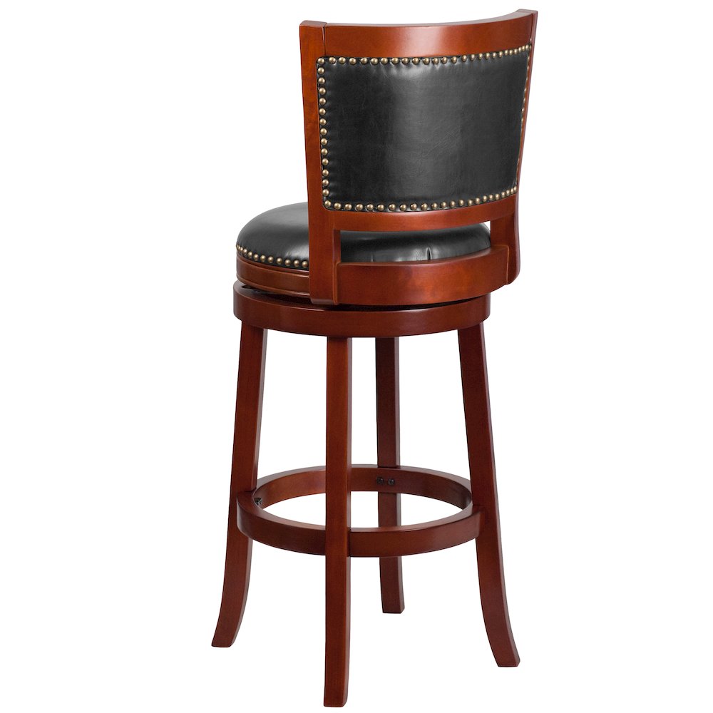 30'' High Dark Cherry Wood Barstool with Open Panel Back and Walnut Swivel Seat. Picture 2