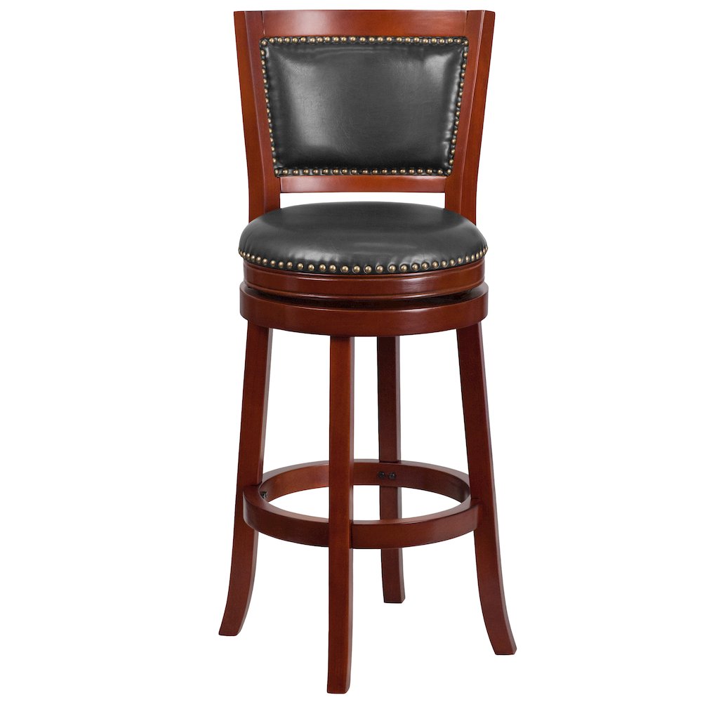 30'' High Dark Cherry Wood Barstool with Open Panel Back and Walnut Swivel Seat. Picture 4