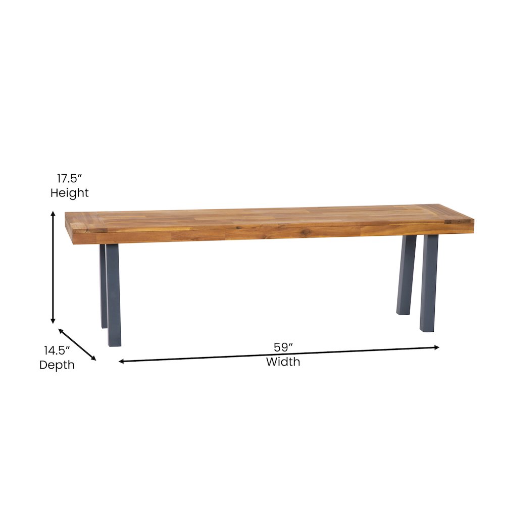 Solid Acacia Wood Bench for 2 with Slatted Top in a Natural Finish. Picture 5