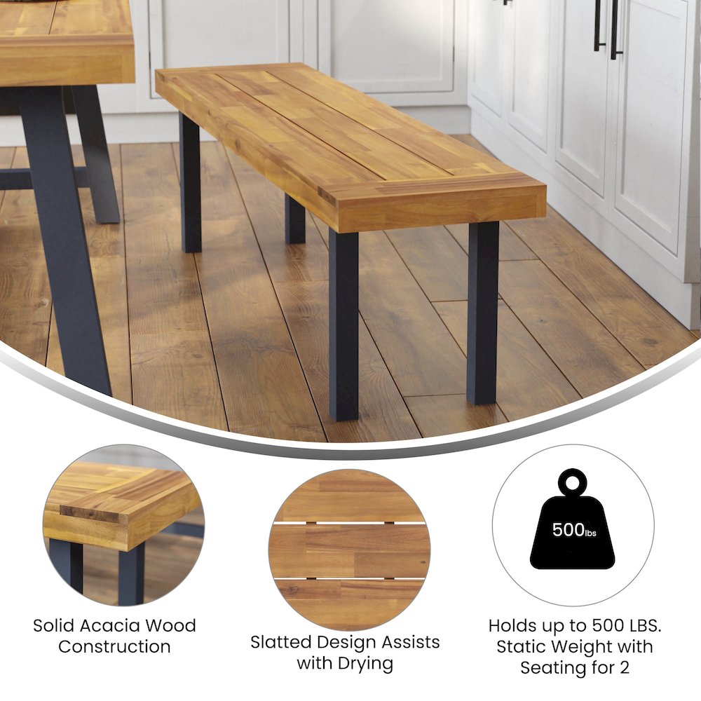 Solid Acacia Wood Bench for 2 with Slatted Top in a Natural Finish. Picture 4