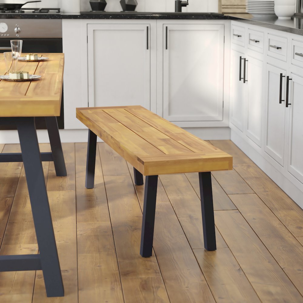 Solid Acacia Wood Bench for 2 with Slatted Top in a Natural Finish. Picture 2