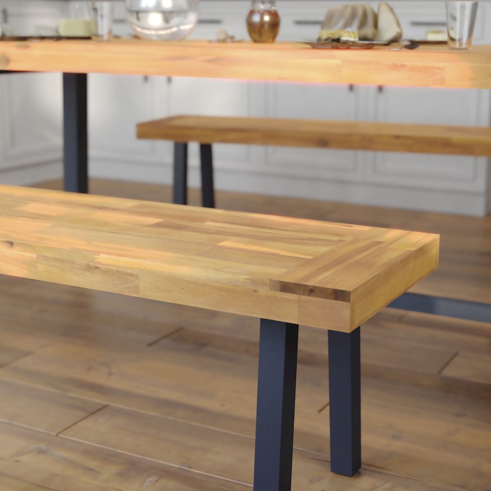 Solid Acacia Wood Bench for 2 with Slatted Top in a Natural Finish. Picture 6