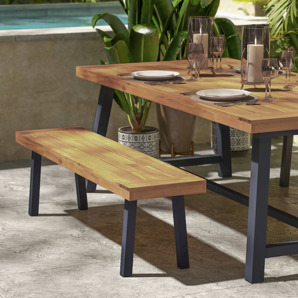 Solid Acacia Wood Bench for 2 with Slatted Top in a Natural Finish. Picture 7